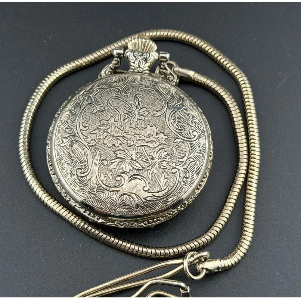 Unitron Quartz Pocket Watch: Silver Tone, Ornate Equestrian Hunter, for Repair